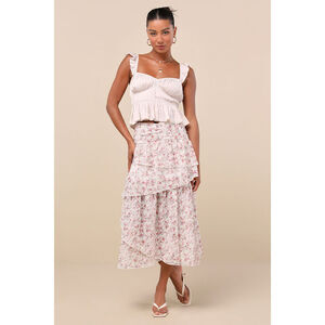 Lulus Rosen White Multi Floral Tiered Midi Skirt - Size XL